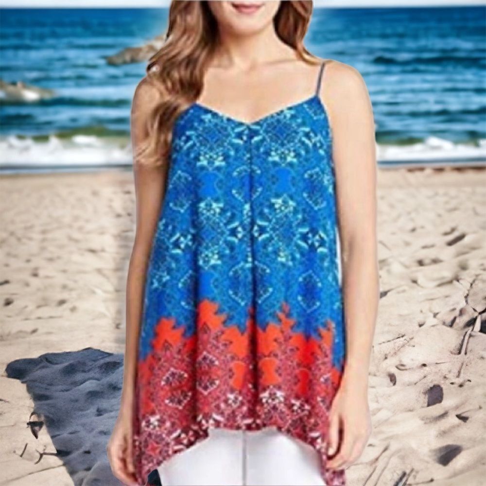 Karen Kane Trapeze sleeveless Top red white blue flowy